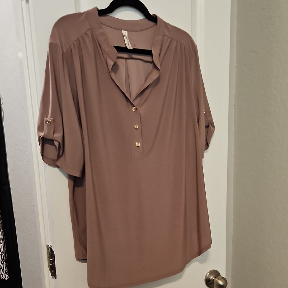 Tan Relaxed Blouse with Cuffed Sleeves and Mandarin Collar